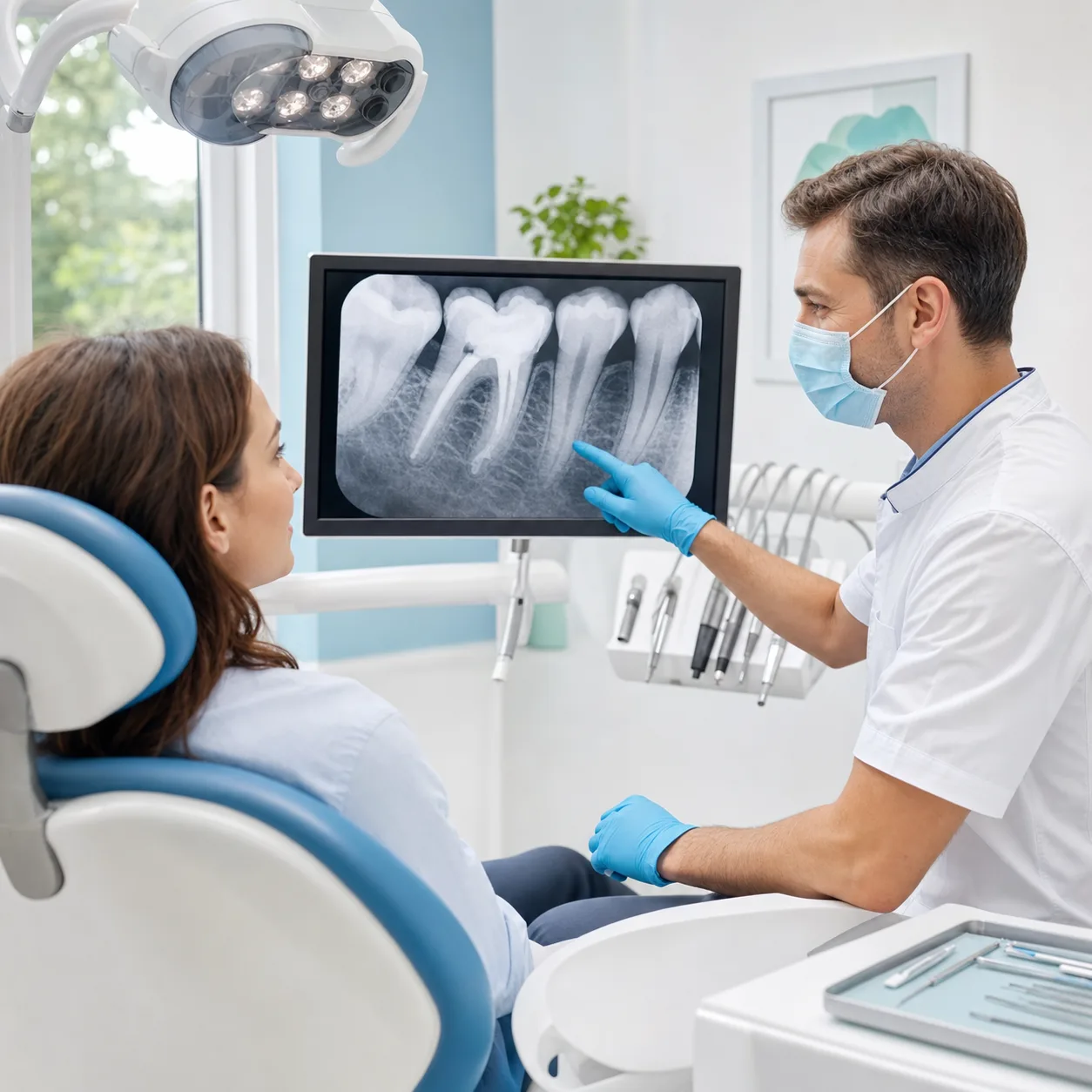 Dentist reviewing a digital X-ray before root canal treatment